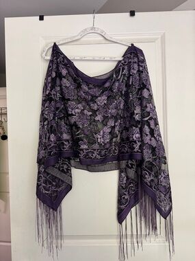 Embroidered Purple Floral Fringe Shawl